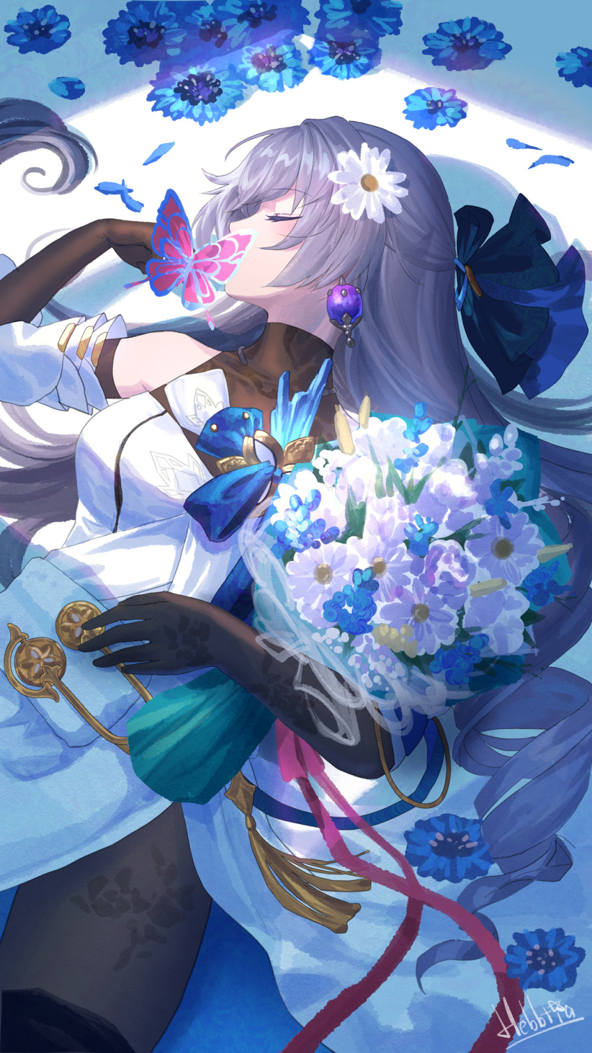 1girl artist_name black_gloves black_pantyhose black_undershirt blue_flower bouquet breasts bronya_rand bug butterfly closed_eyes covered_collarbone detached_sleeves dress drill_hair elbow_gloves flower gloves grey_hair hair_spread_out hebbtia highres honkai:_star_rail honkai_(series) insect long_hair lying medium_breasts on_back pantyhose pink_butterfly solo turning_head upper_body white_dress