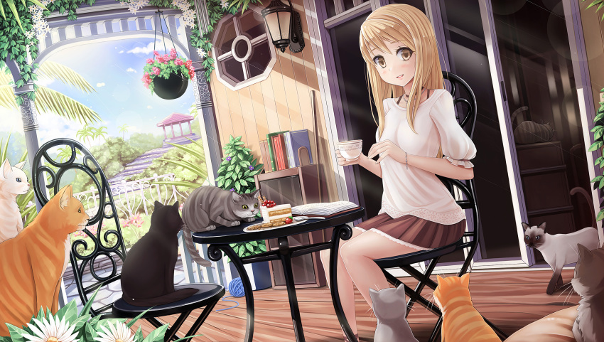 1girl animal blonde_hair blouse blue_sky blush book bra_strap bracelet brown_eyes brown_skirt cake cat chair choker cookie cup day female_focus flower food fruit garden highres hikaru_ga_chikyuu_ni_itakoro holding holding_cup icing jewelry lantern leaf lens_flare looking_at_viewer miniskirt necklace open_book outdoors palm_tree parted_lips plant plate potted_plant puffy_short_sleeves puffy_sleeves shikibu_honoka shirt short_sleeves sitting skirt sky sliding_doors smile solo spoon strawberry sunimu sunlight swept_bangs table teacup too_many too_many_cats tree veranda white_shirt window wooden_floor wool yarn yarn_ball