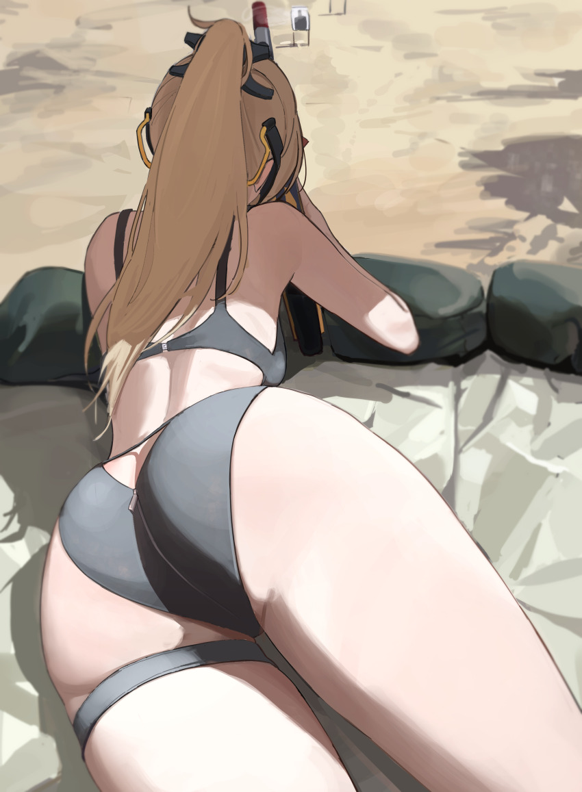1girl absurdres aiming ass bare_shoulders black_bra black_panties blonde_hair bra commentary from_behind gun highres holding holding_gun holding_weapon laneigu long_hair lying median_furrow on_stomach panties ponytail rifle shooting_range sniper_rifle solo target_practice thigh_strap trigger_(zenless_zone_zero) underwear underwear_only weapon zenless_zone_zero