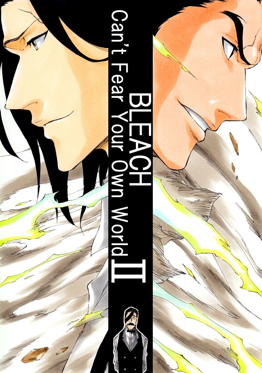 3boys black_hair bleach chibi chibi_inset closed_eyes closed_mouth commentary_request debris energy eyepatch from_side ginjou_kuugo highres ken&#039;ichi_(ken1ro_u) kubo_tite_(style) kutsuzawa_giriko lips male_focus multiple_boys nose official_style parted_lips profile scar scar_on_face scar_on_forehead simple_background smile smoke thick_eyebrows tsukishima_shuukurou tsurime upper_body white_background