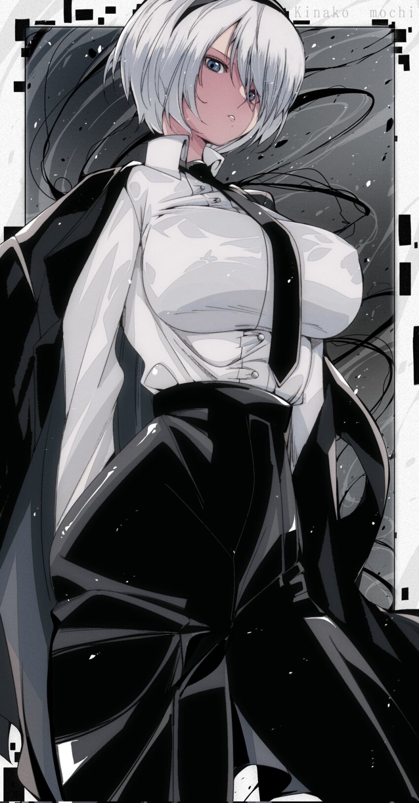 1girl 2b_(nier:automata) artist_name black_hairband black_jacket black_necktie black_pants blue_eyes breasts chainsaw_man cosplay hairband highres jacket kinakomochi_(user_vedc2333) large_breasts makima_(chainsaw_man) makima_(chainsaw_man)_(cosplay) mole mole_under_mouth necktie nier:automata nier_(series) pants parted_lips shirt short_hair solo white_hair white_shirt
