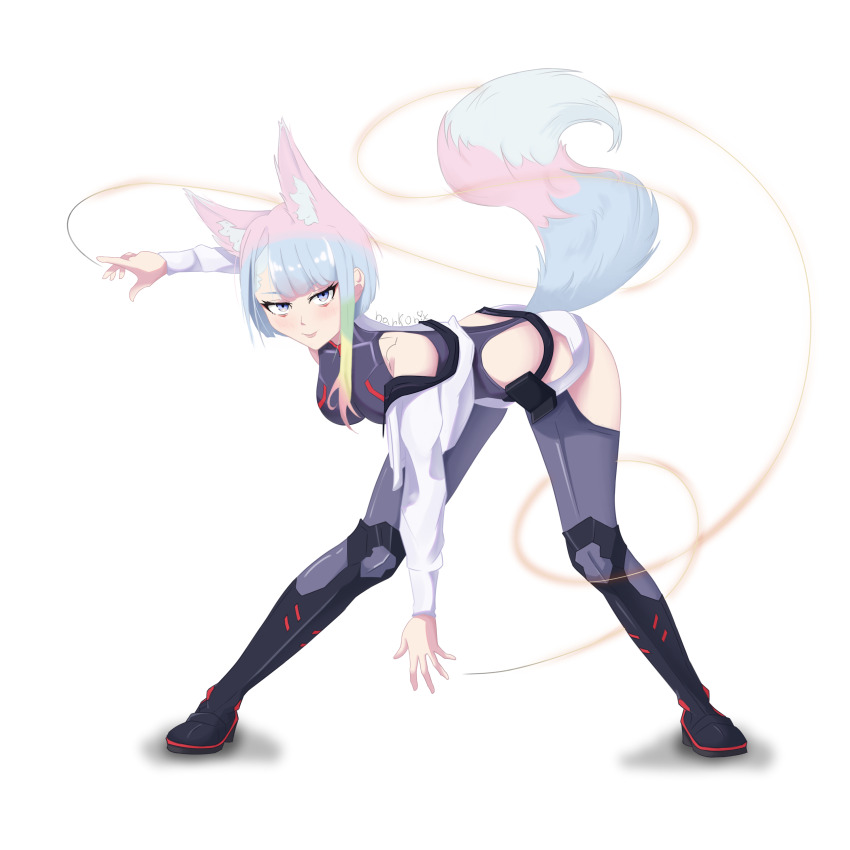 1girl absurdres animal_ears asymmetrical_hair bare_shoulders cyberpunk_(series) cyberpunk_edgerunners eyeliner fox_ears fox_girl fox_tail highres jacket kemonomimi_mode lucy_(cyberpunk) makeup nark0nix open_clothes open_jacket red_eyeliner short_hair solo tail white_background