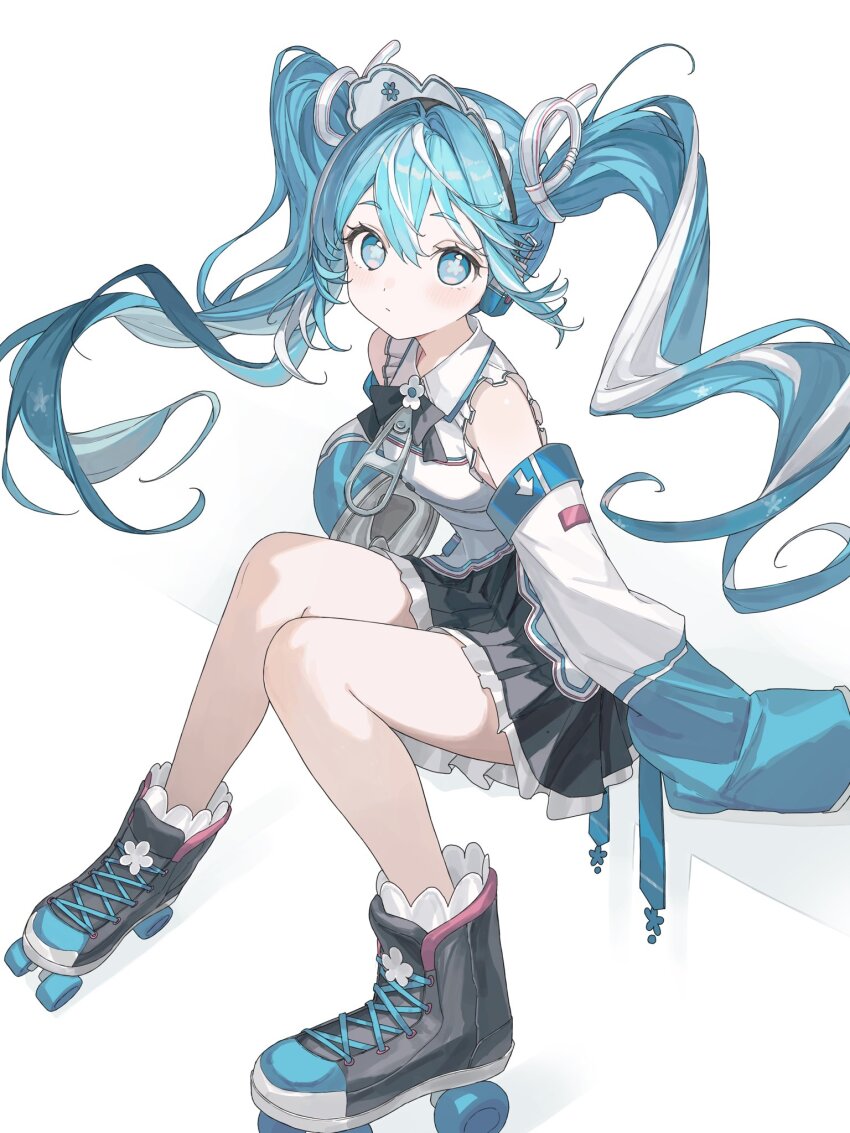 1girl bare_shoulders black_boots black_bow black_bowtie black_hairband black_skirt blue_eyes blue_hair blush boots borrowed_design bow bowtie can_pull_tab closed_mouth collared_shirt commentary detached_sleeves flower-shaped_pupils frilled_skirt frills full_body hair_between_eyes hairband hatsune_miku highres karyln long_hair looking_at_viewer multicolored_hair pleated_skirt roller_skates shirt simple_background sitting skates skirt sleeveless sleeveless_shirt sleeves_past_fingers sleeves_past_wrists solo streaked_hair symbol-only_commentary symbol-shaped_pupils twintails two-tone_hair vocaloid white_background white_hair white_shirt white_sleeves yuki_miku yuki_miku_(2024)_(applicant)