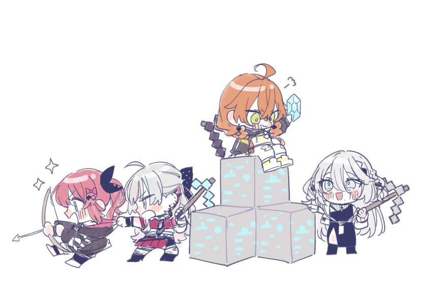 4girls :3 absurdres ahoge black_bow black_dress black_hoodie black_jacket black_ribbon block_(minecraft) blue_eyes blush bow bow_(weapon) braid chibi closed_mouth clothes_pull commentary crossed_bangs dress ear_piercing earrings green_eyes grey_eyes grey_hair hair_between_eyes hair_bow hair_ribbon half_updo hashtag-only_commentary highres hood hoodie ishigami_nozomi ishigami_nozomi_(1st_costume) jacket jacket_pull jewelry kashikaze kuramochi_meruto kuramochi_meruto_(1st_costume) long_hair_between_eyes long_sleeves midriff minecraft minecraft_pickaxe mole mole_under_mouth multicolored_hair multiple_girls nijisanji open_mouth orange_hair pickaxe piercing polka_dot polka_dot_bow puff_of_air red_hair red_shirt red_skirt ribbon shirt shishido_akari shishido_akari_(1st_costume) side_ponytail simple_background sitting skirt sophia_valentine sophia_valentine_(1st_costume) streaked_hair twin_braids virtual_youtuber weapon white_background white_hair