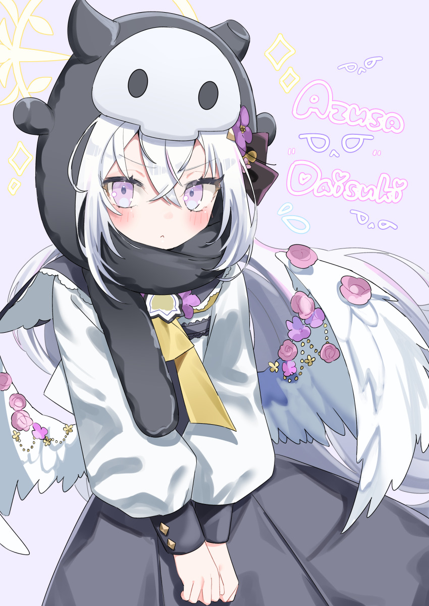 1girl absurdres angel_wings azusa_(blue_archive) black_dress blue_archive blush closed_mouth dress feathered_wings flower hair_between_eyes hair_flower hair_ornament halo highres jacket long_hair long_sleeves pink_eyes purple_flower solo tamotsu_(mary) white_hair white_jacket white_wings wings yellow_halo
