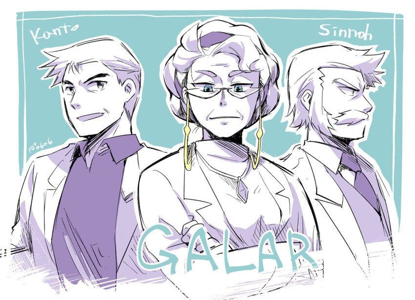 1girl 2boys closed_mouth crossed_arms facial_hair game_freak glasses hairband jewelry kipam lab_coat looking_at_viewer magnolia_(pokemon) multiple_boys mustache necklace necktie nintendo old old_man old_woman pokemon pokemon_dppt pokemon_rgby pokemon_swsh rowan_(pokemon) samuel_oak sideburns upper_body