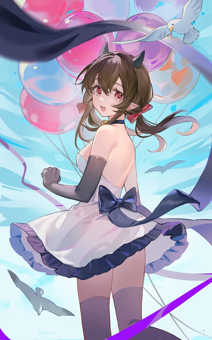 absurdres ariko_(aaaaarik) azur_lane balloon bird black_gloves black_ribbon black_thighhighs blue_sky brown_hair dove elbow_gloves gloves hair_ornament highres horns medium_hair nagara_(azur_lane) red_eyes ribbon sky smile thighhighs