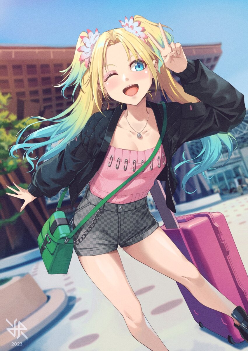 1girl 2023 artist_logo bag black_footwear black_jacket blonde_hair blue_eyes blue_hair blue_sky breasts checkered_clothes checkered_shorts flower gradient_hair grey_shorts hair_flower hair_ornament highres hiroki_ree jacket jewelry link!_like!_love_live! logo long_hair long_sleeves love_live! multicolored_hair necklace one_eye_closed open_clothes open_jacket open_mouth osawa_rurino osawa_rurino_(summer_casual) pink_shirt safety_pin shirt shorts shoulder_bag sky small_breasts smile solo twintails v