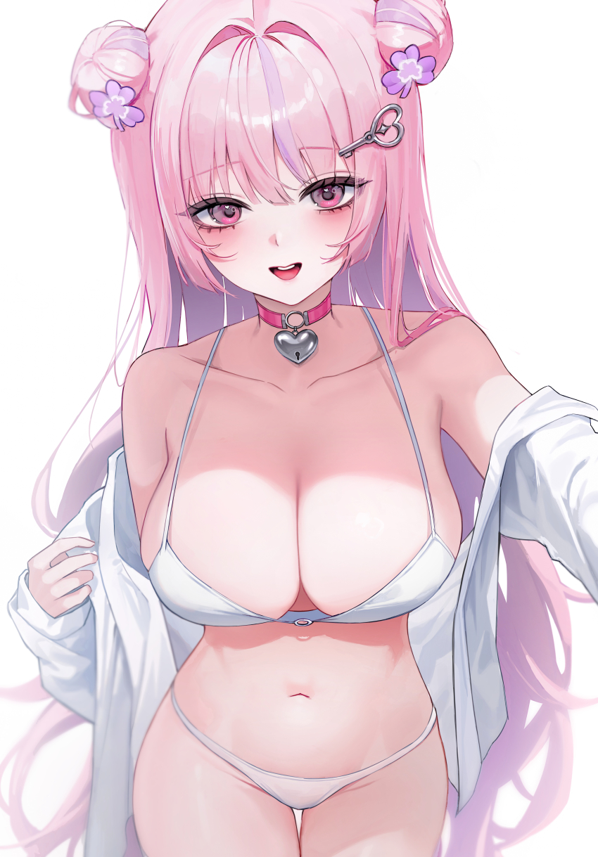 1girl absurdres bare_shoulders bikini blush breasts chaerom choker cleavage collarbone commentary double_bun eyelashes groin hair_bun hair_intakes hair_ornament hairclip heart heart-shaped_lock heart_collar heart_in_eye highres key_hair_ornament large_breasts long_hair long_sleeves looking_at_viewer multicolored_hair navel o-ring o-ring_bikini o-ring_choker open_clothes open_mouth open_shirt original pink_choker pink_eyes pink_hair shirt simple_background sleeves_past_wrists smile solo stomach streaked_hair swimsuit symbol_in_eye teeth thighs upper_teeth_only white_background white_bikini white_shirt