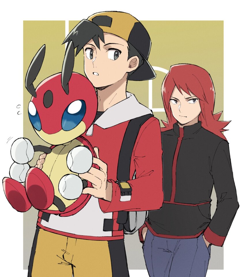 2boys backwards_hat baseball_cap black_hair black_hat black_jacket black_shirt closed_mouth commentary_request creatures_(company) ethan_(pokemon) flying_sweatdrops game_freak gen_2_pokemon grey_eyes grey_pants hands_in_pockets hat highres holding holding_pokemon jacket ledian long_hair long_sleeves male_focus mocollie multiple_boys nintendo pants pokemon pokemon_(creature) pokemon_gsc red_hair red_jacket shirt short_hair shorts silver_(pokemon) yellow_shorts
