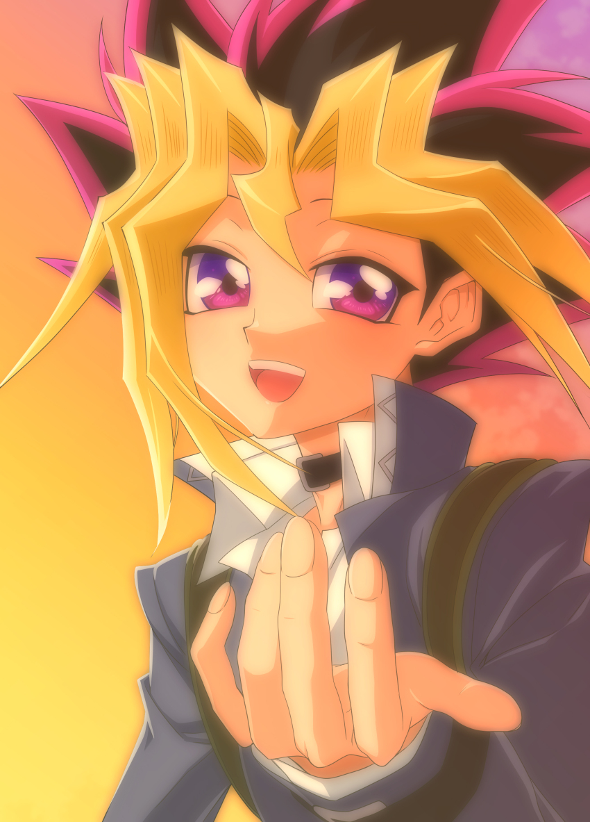 1boy absurdres black_choker black_hair blonde_hair blush choker colored_bangs commentary domino_high_school_uniform evening foreshortening gradient_sky hair_between_eyes happy highres ikeda_jun_(aquaqua) jacket long_sleeves looking_at_viewer male_focus multicolored_hair muto_yugi open_mouth outdoors purple_eyes reaching reaching_towards_viewer school_uniform shirt sidelighting sky smile solo spiked_hair upper_body yellow_sky yu-gi-oh! yu-gi-oh!_the_dark_side_of_dimensions