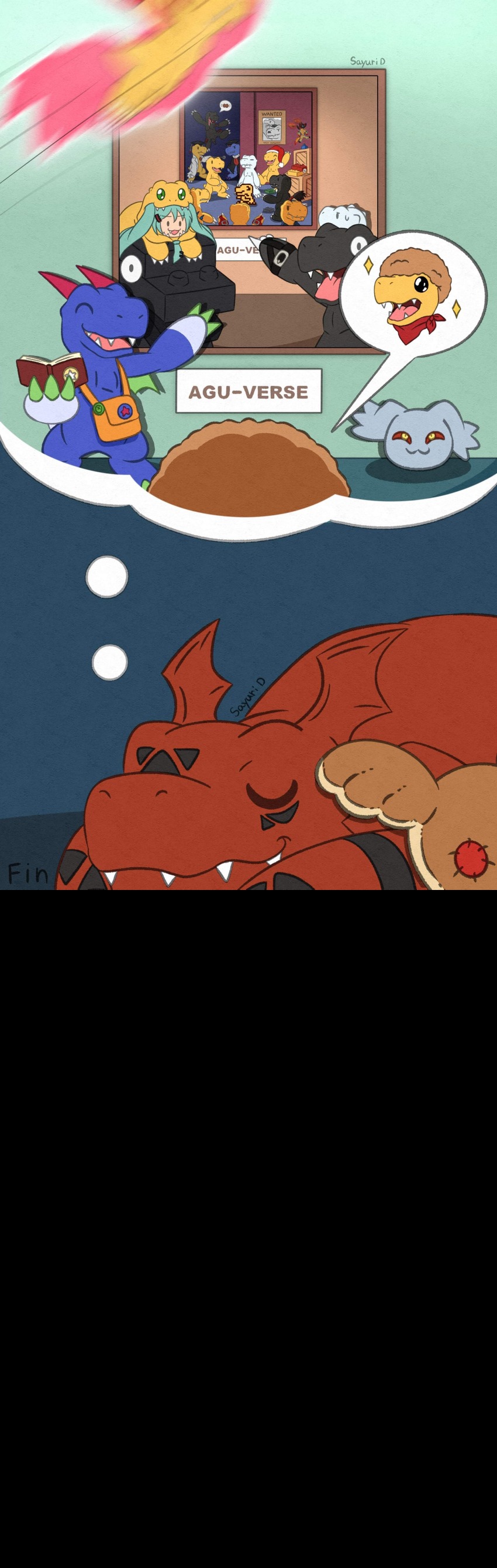 absurdres agumon agumon_(black) agumon_(black)_(digimon_savers) agumon_(black)_x-antibody agumon_(cosplay) agumon_(digimon_savers) agumon_-yuki_no_kizuna- agumon_burst_mode agumon_hakase agumon_x-antibody belt book bread bushiagumon clearagumon cosplay digimon disguise dreaming fang fangs food guilmon hat hatsune_miku highres horns meme nise_agumon_hakase pagumon pointing pointing_at_another pointing_spider-man_(meme) rurimon santaagumon sayuri_d_(liliana86973943) scarf sharp_teeth sleeping star_(symbol) teeth toyagumon toyagumon_(black) vocaloid wig yukiagumon_(digimon_savers)