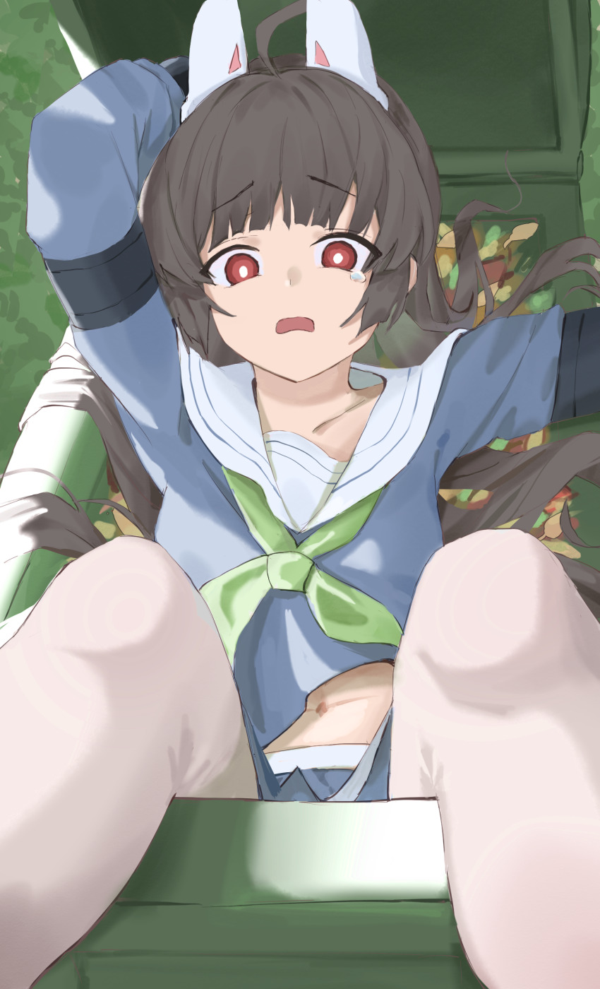 1girl absurdres ahoge animal_ears armband black_armband black_hair blue_archive blue_serafuku blunt_bangs fake_animal_ears grass green_neckerchief hair_spread_out highres in_container in_trash_can leaf long_hair long_sleeves looking_at_viewer lying miyu_(blue_archive) navel neckerchief on_back open_mouth pantyhose qwq22565156 rabbit_ears red_eyes sailor_collar school_uniform serafuku solo tears trash_can white_pantyhose white_sailor_collar