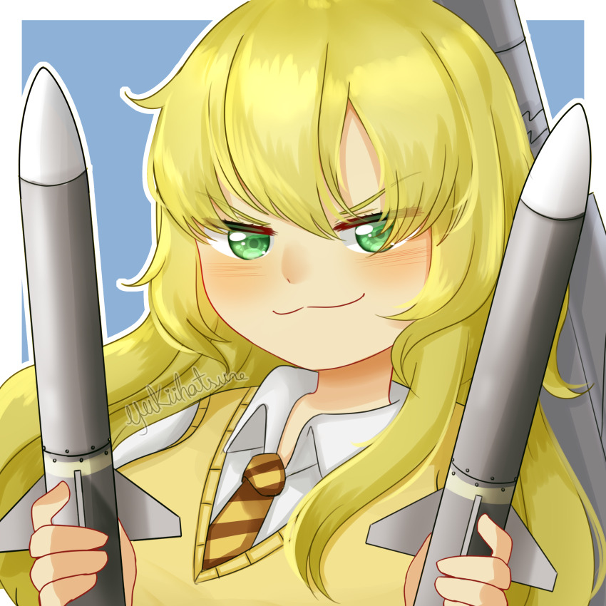 1girl :3 absurdres aim-120_amraam aircraft airplane artist_name beyond-visual-range_missile blonde_hair blue_background blush f-35_(flight_highschool) f-35_lightning_ii f-35_lightning_ii_(personification) flight_highschool green_eyes highres holding holding_missile holding_weapon jet long_hair missile necktie outline personification portrait shirt simple_background solo striped_necktie surface-to-surface_missile vest weapon white_outline white_shirt yellow_necktie yellow_vest