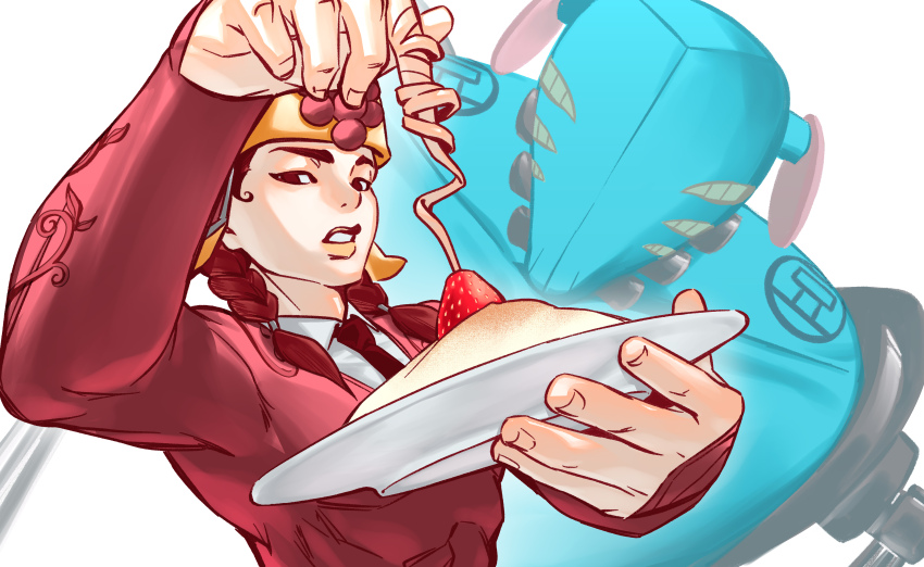 1girl 1other absurdres black_necktie blue_skin braid cake collared_shirt colored_skin commentary commentary_request doggy_style_(stand) floral_print food fruit hat helmet highres holding holding_plate jacket jojo_no_kimyou_na_bouken jojolion long_sleeves looking_at_viewer mamezuku_rai necktie non-humanoid_robot plate red_hair red_sweater robot shirt stand_(jojo) strawberry sweater teeth twin_braids upper_body ushanka white_background white_shirt xiaorong