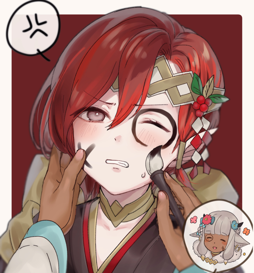 1boy 1girl animal_ears ash_(fire_emblem) ash_(new_year)_(fire_emblem) black_kimono blush bodypaint brown_eyes calligraphy_brush chibi closed_eyes commentary cow_ears dark-skinned_female dark_skin elm_(fire_emblem) elm_(new_year)_(fire_emblem) facepaint fingernails fire_emblem fire_emblem_heroes grey_hair hair_ornament hand_on_another&#039;s_face haru_(nakajou-28) headband highres holding holding_paintbrush japanese_clothes kimono nintendo official_alternate_costume one_eye_closed paintbrush pov red_hair short_hair sweatdrop white_kimono yukata