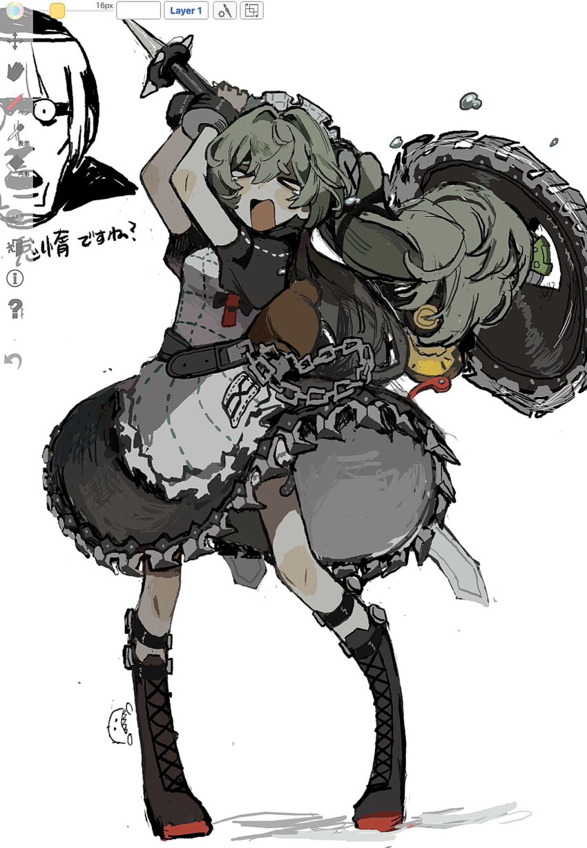 &gt;_&lt; 1boy 1girl apron arms_up art_program_in_frame black_boots black_dress boots circular_saw corin_wickes crying cuffs dress floating_hair flying_teardrops full_body green_hair highres holding holding_weapon inset knee_boots long_hair maid maid_headdress mizunako open_mouth partially_colored petelgeuse_romaneeconti puffy_short_sleeves puffy_sleeves re:zero_kara_hajimeru_isekai_seikatsu saw scared shackles short_sleeves simple_background standing swinging_weapon twintails weapon white_apron white_background zenless_zone_zero
