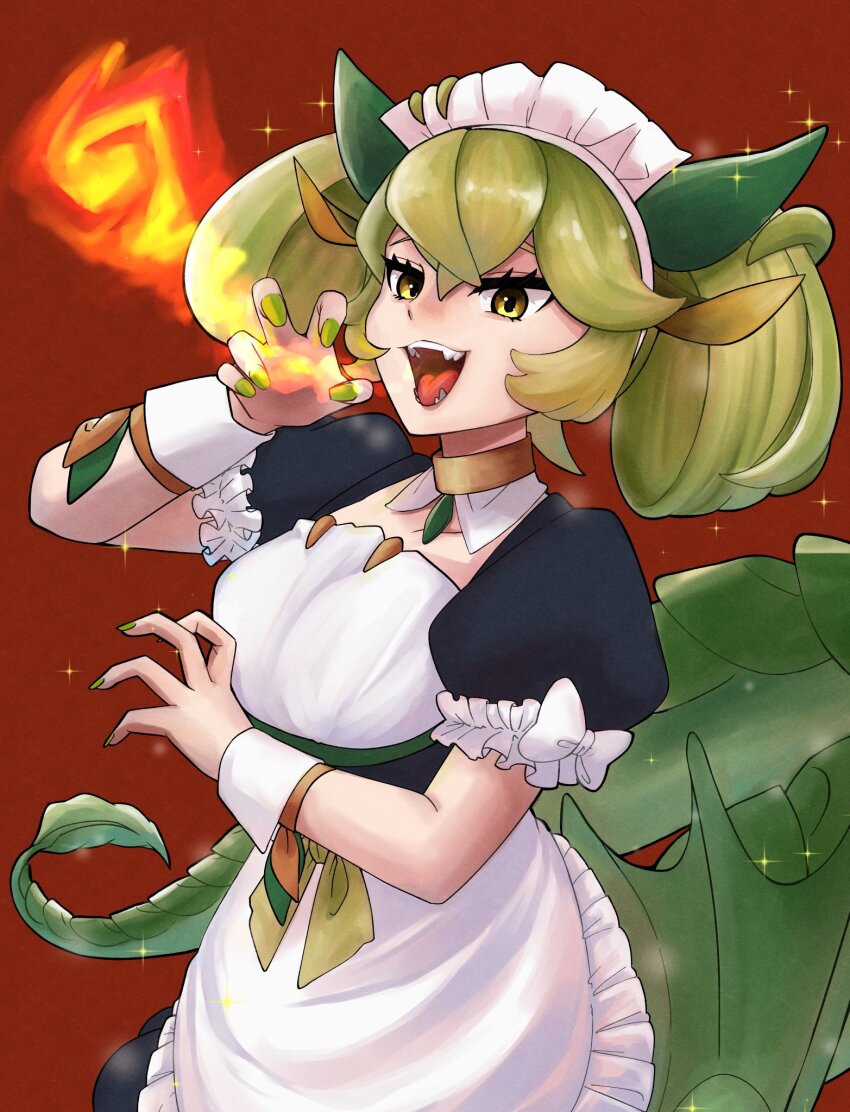 1girl apron breasts breath_weapon breathing_fire collarbone dragon_girl dragon_horns dragon_tail dragon_wings duel_monster fang fire frilled_apron frilled_hairband frilled_sleeves frills green_eyes green_hair green_nails hairband highres horns kpl_kuzumochi large_breasts maid maid_apron maid_headdress parlor_dragonmaid puffy_short_sleeves puffy_sleeves sharp_teeth short_sleeves tail teeth twintails waist_apron white_apron wings wrist_cuffs yellow_eyes yu-gi-oh!