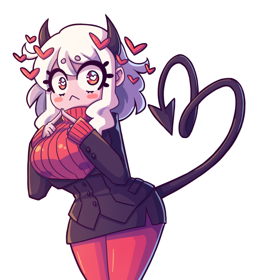 1girl :&lt; absurdres black_horns black_tail blush blush_stickers chibi commentary daigada demon_girl demon_horns demon_tail english_commentary formal_clothes heart heart-shaped_pupils heart_tail helltaker highres horns modeus_(helltaker) pantyhose red_eyes red_pantyhose red_sweater ribbed_sweater short_hair simple_background sweater symbol-shaped_pupils tail transparent_background turtleneck turtleneck_sweater white_background white_hair