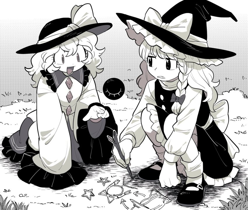 antinomy_of_common_flowers braid branch buttons diamond_(shape) diamond_button drawing flat_chest furukawa_(yomawari) grass hakurei_reimu hat highres kirisame_marisa komeiji_koishi long_hair long_skirt long_sleeves medium_hair monochrome pointing ribbon shoes skirt star_(symbol) third_eye touhou witch witch_hat