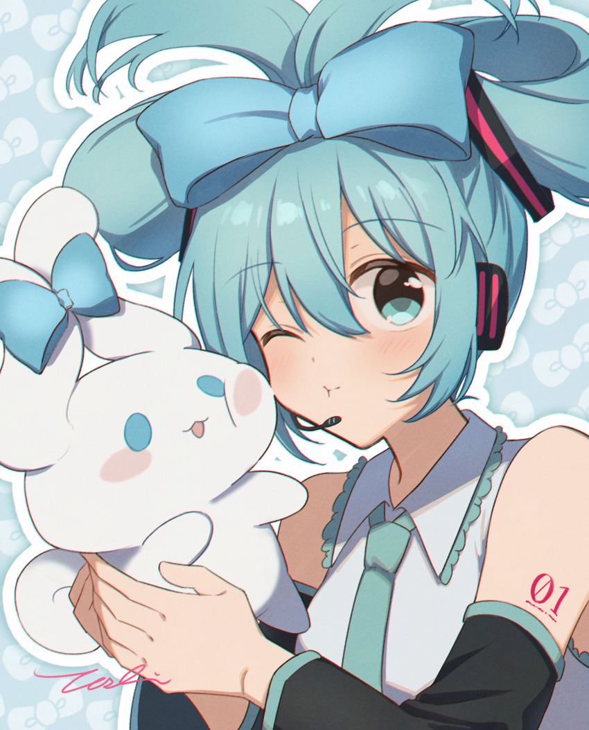 1girl ;t absurdres aqua_eyes aqua_hair aqua_necktie arm_tattoo bare_shoulders blue_background blue_bow blush_stickers bow cheek_press cinnamiku cinnamoroll closed_mouth collared_shirt commentary_request creature detached_sleeves fuwa_fuwa_cinnamoroll hair_bow hatsune_miku headset highres holding long_hair long_sleeves looking_at_viewer necktie number_tattoo patterned_background sanrio shirt signature tasi_y tattoo vocaloid