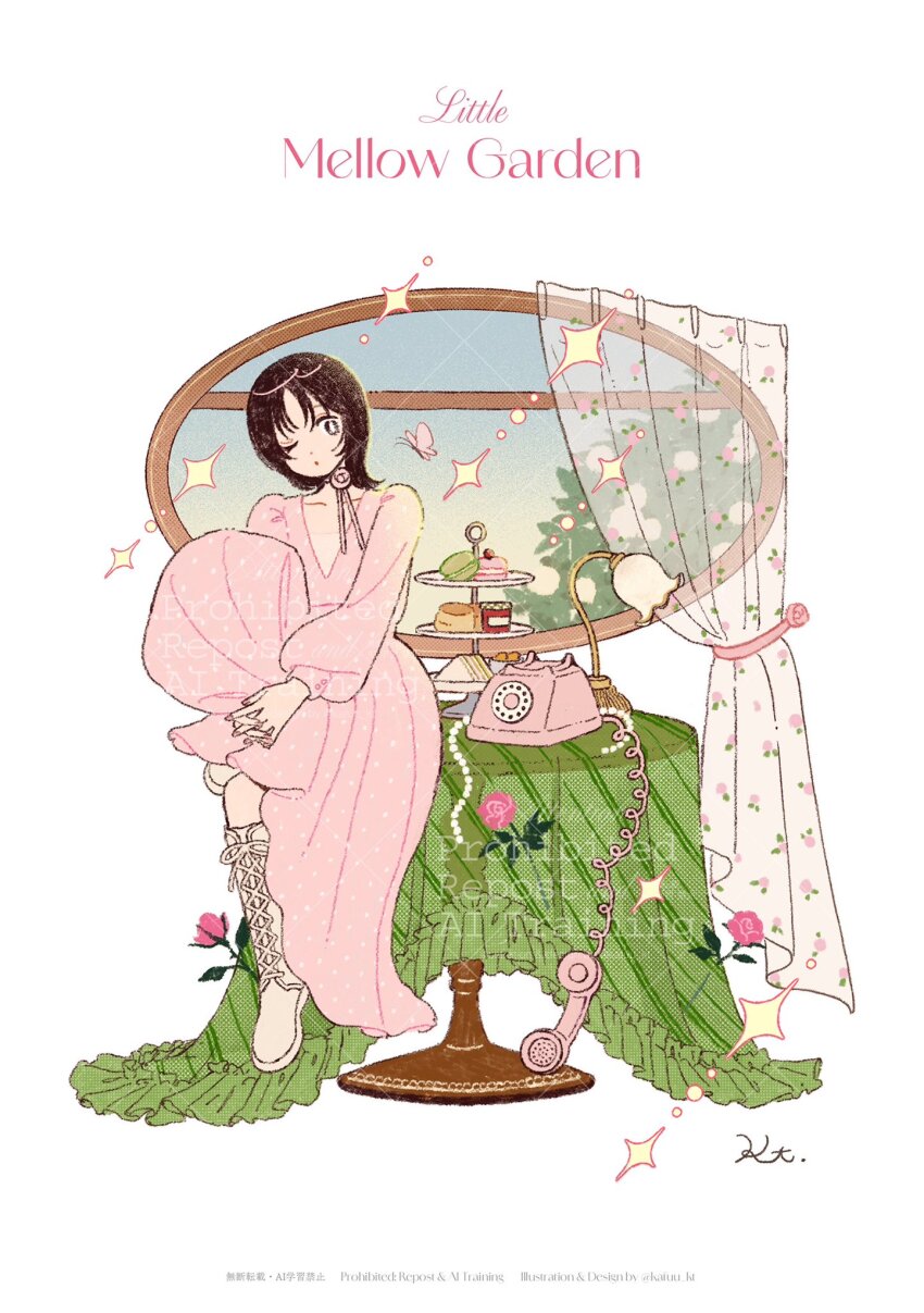 1girl antique_phone blue_sky boots bright_pupils brown_eyes brown_hair bush cake collarbone commentary_request copyright_notice day dress english_text flower food full_body gradient_sky highres knee_boots knee_up lace-up_boots lamp long_dress long_sleeves looking_at_viewer macaron medium_hair neck_flower neck_ribbon on_table one-eyed original parted_bangs phone pink_dress pink_flower pink_ribbon pink_rose puffy_long_sleeves puffy_sleeves ribbon rose rotary_phone sample_watermark signature simple_background sitting sky solo sparkle table tablecloth taira_kaede v-neck watermark white_background white_boots white_flower white_pupils window yellow_sky