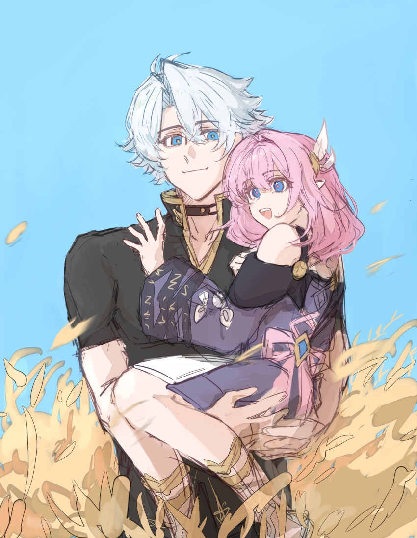 1boy 1girl absurdres blacies black_choker black_shirt blue_eyes blue_sky carrying carrying_person chinese_commentary choker coat commentary_request cyrene_(honkai:_star_rail) dress hair_ornament highres honkai:_star_rail honkai_(series) outdoors phainon_(honkai:_star_rail) pink_hair pointy_ears purple_coat shirt short_hair sky smile wheat_field white_dress white_hair