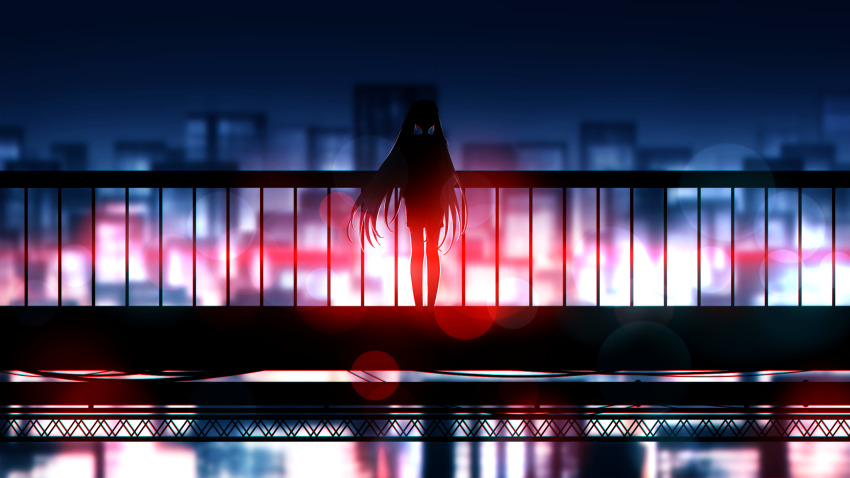 1girl blurry blurry_background bokeh bridge building cable chromatic_aberration city city_lights cityscape commentary depth_of_field english_commentary from_behind hatsune_miku highres long_hair miku_day nengoro pedestrian_bridge railing scenery skyline skyscraper solo standing twintails very_long_hair vocaloid wide_shot