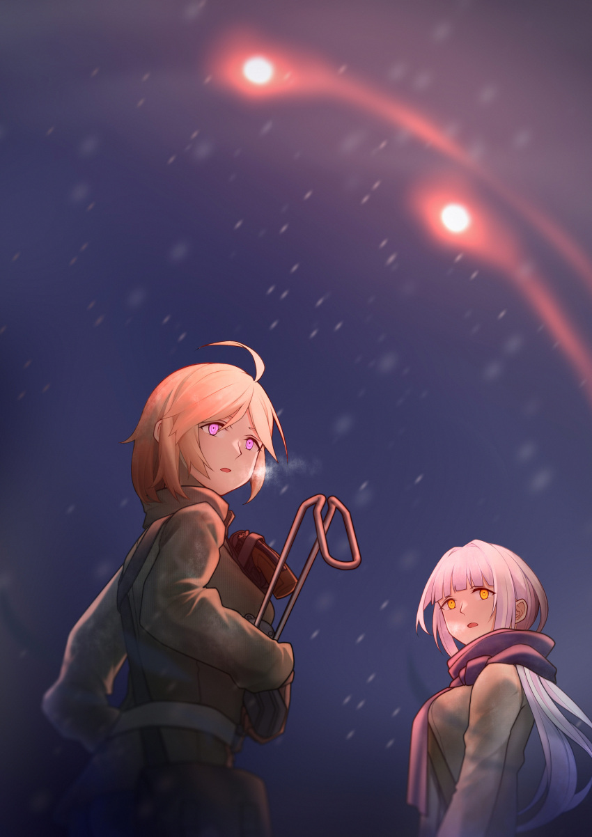 2girls absurdres ahoge alternate_costume blonde_hair commentary english_commentary flare girls&#039;_frontline gun highres holster korean_war m1a1_(girls&#039;_frontline) m3_(girls&#039;_frontline) m3_submachine_gun macayase military_uniform multiple_girls night night_sky outdoors purple_eyes scarf shoulder_holster sky submachine_gun weapon white_hair