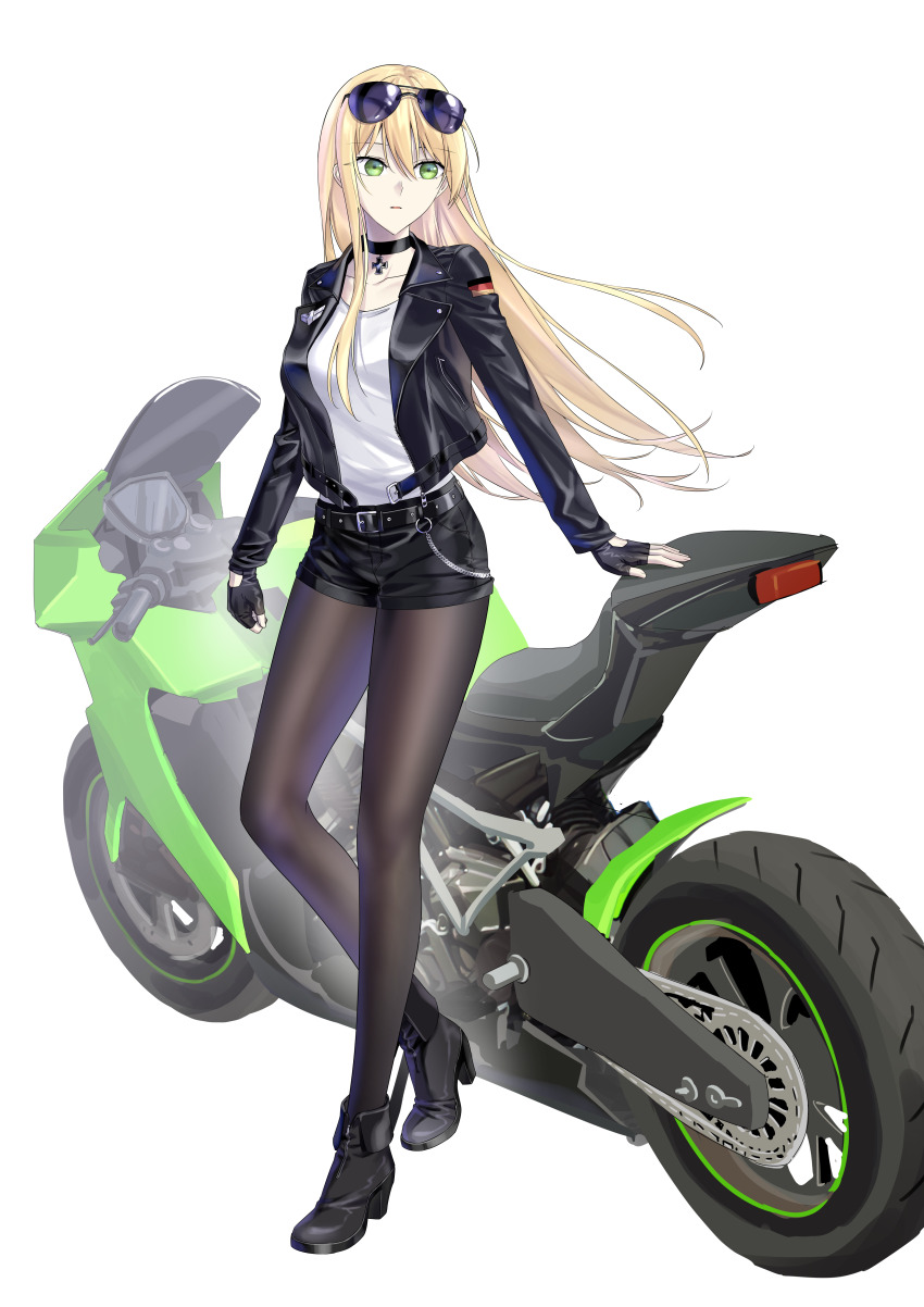 1girl absurdres aviator_sunglasses biker_clothes black_choker black_pantyhose blonde_hair breasts choker commission cross doc_martens eyewear_on_head floating_hair german_flag girls&#039;_frontline green_eyes highres iron_cross jacket leaning_against_motorcycle leather leather_jacket leather_shorts long_hair looking_to_the_side motor_vehicle motorcycle pantyhose pantyhose_under_shorts pixiv_commission shirt shorts solo stg44_(girls&#039;_frontline) sunglasses suprii white_shirt