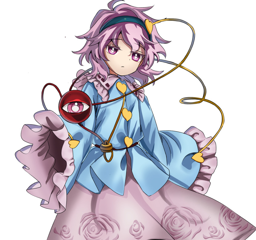 1girl absurdres antinomy_of_common_flowers black_hairband blouse blue_shirt bright_pupils buttons closed_mouth cowboy_shot flimsy_market1893 floral_print frilled_shirt_collar frilled_sleeves frills hairband harukawa_moe_(style) heart heart_button highres komeiji_satori long_sleeves looking_at_viewer pink_hair pink_skirt print_skirt purple_eyes ribbon-trimmed_collar ribbon_trim rose_print shirt short_hair skirt solo third_eye touhou transparent_background urban_legend_in_limbo white_pupils wide_sleeves