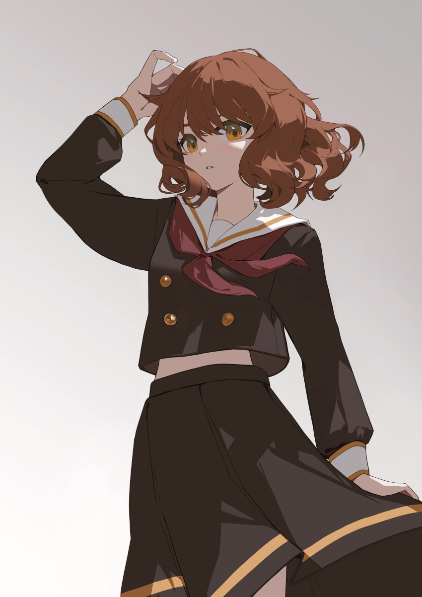 1girl absurdres arms_up black_shirt black_skirt brown_eyes brown_hair eyebrows_hidden_by_hair gan_xing_naobing gradient_background grey_background hibike!_euphonium highres kitauji_high_school_uniform long_sleeves medium_hair medium_skirt neckerchief oumae_kumiko parted_lips red_neckerchief sailor_collar school_uniform shirt skirt solo standing white_sailor_collar
