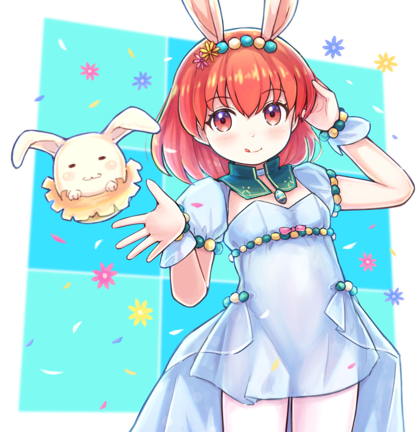 1girl animal_ears arm_up blue_dress collar cowboy_shot dress fake_animal_ears fire_emblem fire_emblem:_mystery_of_the_emblem fire_emblem_heroes flower hair_ornament tucking_hair hand_in_own_hair highres kutabireta_neko licking_lips looking_at_viewer maria_(fire_emblem) maria_(spring)_(fire_emblem) nintendo official_alternate_costume pantyhose puffy_short_sleeves puffy_sleeves rabbit_ears red_eyes red_hair short_dress short_hair short_sleeves simple_background smile solo tongue tongue_out white_pantyhose