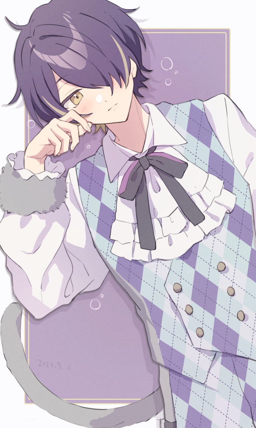 1boy absurdres alternate_costume argyle_clothes argyle_pants black_ribbon closed_mouth ensemble_stars! hair_over_one_eye highres long_sleeves looking_to_the_side male_focus pants purple_hair reijiro ribbon rubbing_eyes sengoku_shinobu short_hair sleepy solo squeans vest waistcoat yellow_eyes