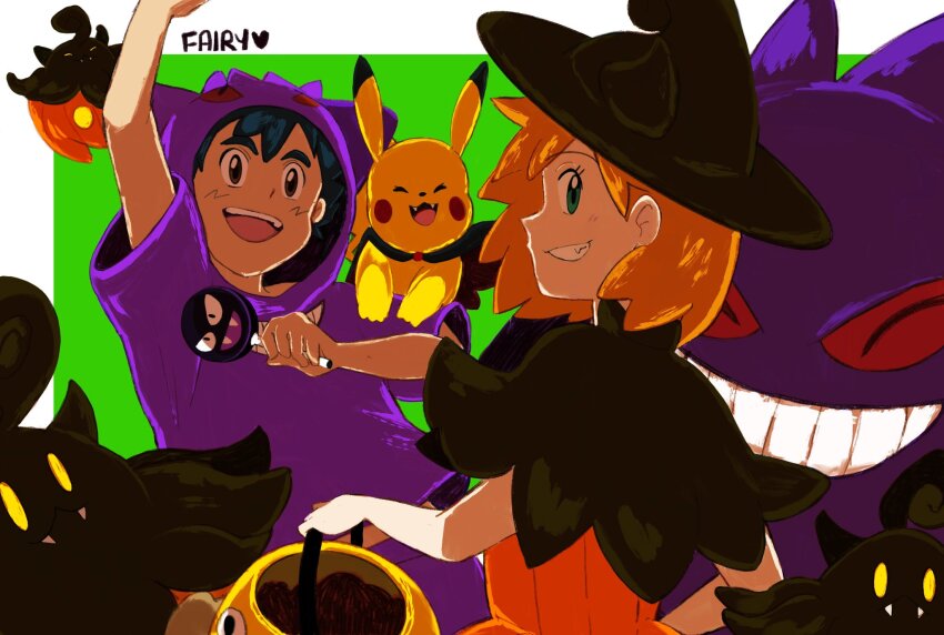 1boy 1girl ash_ketchum blush brown_eyes cosplay denim denim_shorts fairybees gastly gen_1_pokemon gen_6_pokemon gengar gym_leader hat highres misty_(pokemon) mummy nintendo orange_hair pikachu pokemon pokemon_(anime) pokemon_(classic_anime) psyduck pumpkaboo shirt short_hair short_shorts shorts tank_top teeth vampire white_shirt yellow_shirt
