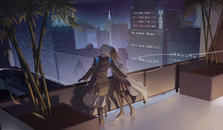 1girl 1other absurdres ambiguous_gender arknights balcony black_jacket black_pantyhose black_skirt brown_hair building coat doctor_(arknights) from_behind full_body grey_hair highres holding_hands hood hood_down implied_kiss jacket low-tied_medium_hair low_ponytail medium_hair night njnywy pantyhose ponytail priestess_(arknights) railing skirt skyscraper standing white_coat