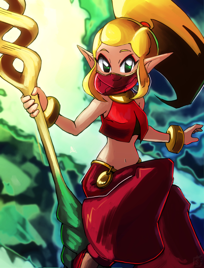 1girl absurdres bracelet crop_top harem_pants highres holding holding_staff jewelry looking_at_viewer mouth_veil navel nintendo official_alternate_costume official_alternate_hairstyle pants pointy_ears ponytail princess_zelda smile solo staff stoic_seraphim stomach the_legend_of_zelda the_legend_of_zelda:_echoes_of_wisdom tri_rod veil