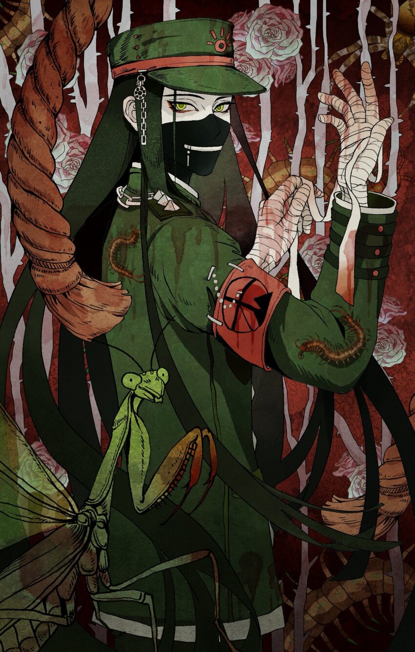 1boy applying_bandages arm_up armband bandaged_hand bandages black_mask blood blood_on_clothes bloody_bandages bug centipede chain chinese_commentary commentary_request danganronpa_(series) danganronpa_v3:_killing_harmony green_eyes green_hair green_hat green_jacket haidai_qingtang_(biology447) hat highres jacket long_hair long_sleeves male_focus mask mouth_mask praying_mantis red_armband shinguji_korekiyo solo spider upper_body very_long_hair