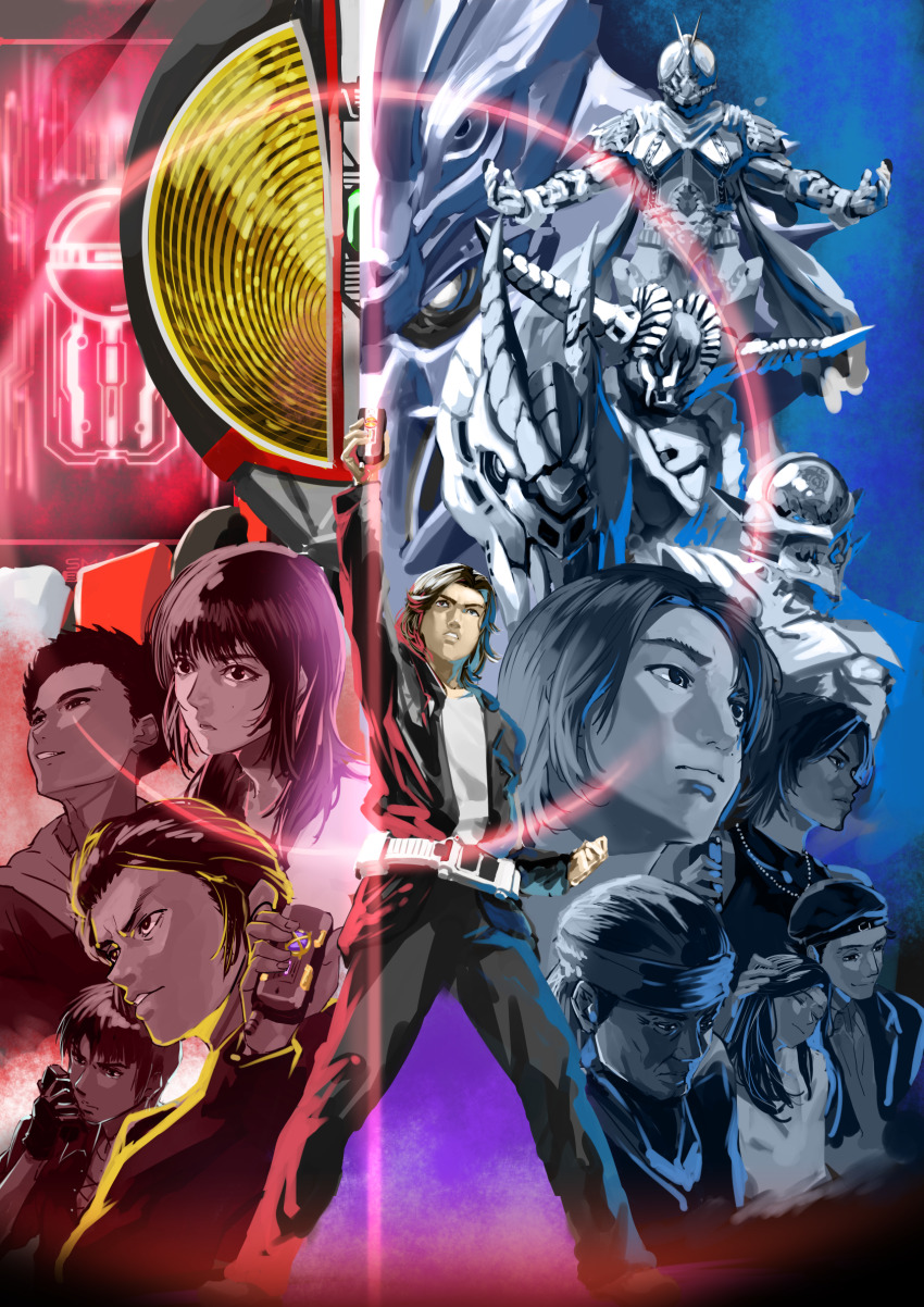 2girls 6+boys arch_orphnoch armor belt black_jacket blue_background dragon_orphnoch exocet_(exocet4) full_body glowing glowing_eyes goat_orphnoch grin hanagata_(555) hand_up helmet highres holding holding_phone horns inui_takumi jacket jewelry kaidou_naoya kamen_rider kamen_rider_555 kamen_rider_faiz kiba_yuji kikuchi_keitaro kusaka_masato leo_(555) looking_at_viewer looking_down looking_up mihara_syuji monster multicolored_background multiple_boys multiple_girls neon_trim orphnoch_(555) osada_yuka pants phone power_armor purple_background red_background rider_belt ring rose_orphnoch serious smile sonoda_mari tokusatsu wolf_orphnoch
