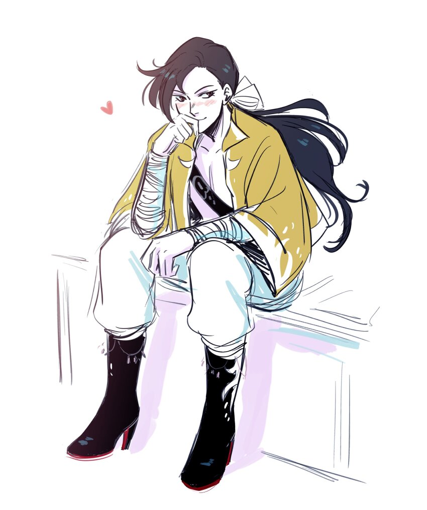 1boy absurdres andythelemon bandages bare_pectorals black_boots black_hair blush boots brown_eyes eyebrows fullmetal_alchemist heart highres jacket ling_yao long_hair male_focus no_shirt pale_skin pectorals ponytail sitting sketch smile solo
