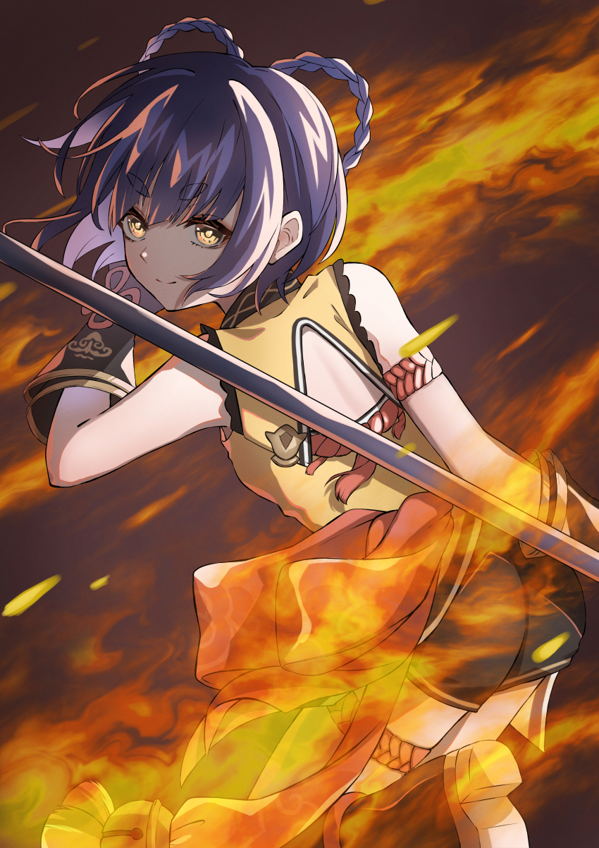 1girl absurdres akashi_(4kc_27) ankle_boots ass bare_shoulders black_boots black_gloves black_shorts blue_hair boots chinese_clothes closed_mouth commentary dark_blue_hair fingerless_gloves fire foot_out_of_frame genshin_impact gloves hair_rings highres holding holding_polearm holding_weapon knee_up looking_at_viewer polearm short_hair shorts smile solo thick_eyebrows weapon xiangling_(genshin_impact) yellow_eyes