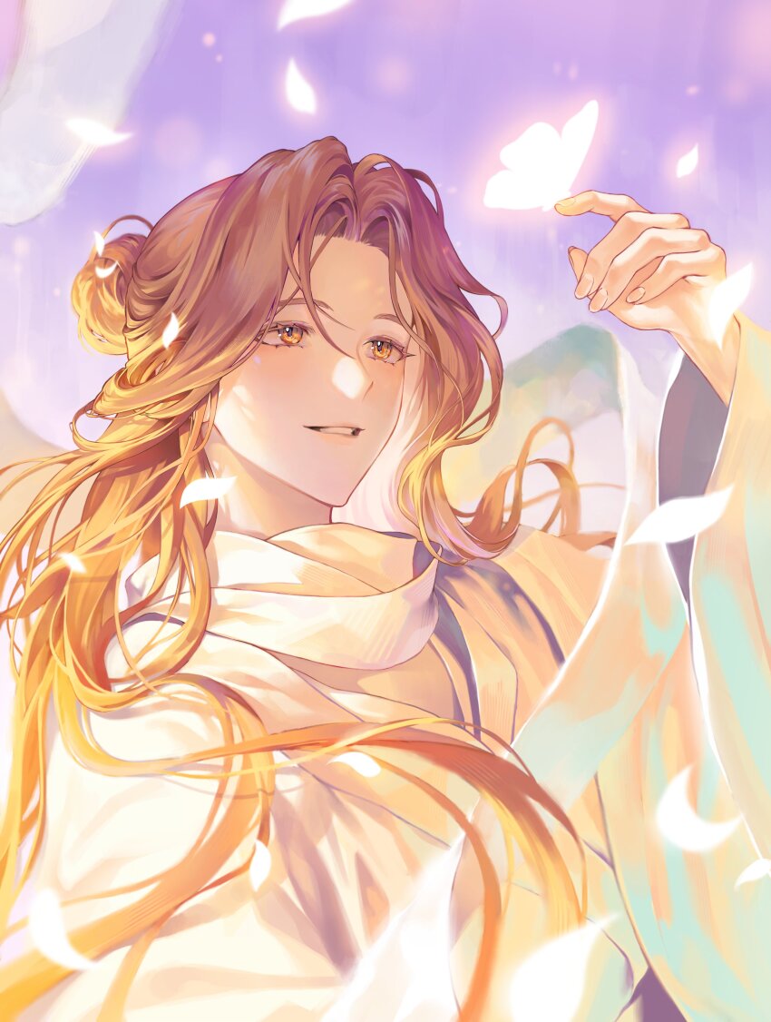 1boy absurdres analogous_colors backlighting bandages bishounen blurry bokeh brown_hair bug butterfly butterfly_on_hand chinese_clothes clear_sky colored_eyelashes curtained_hair day depth_of_field dutch_angle evening eyelashes falling_petals fingernails floating_hair glowing glowing_butterfly glowing_petals hair_bun half-closed_eyes hand_up hanfu highres index_finger_raised insect light_particles light_smile long_eyelashes long_hair long_sidelocks looking_at_animal looking_up loose_bandages male_focus outdoors parted_bangs parted_lips petals purple_sky sidelocks single_hair_bun sky straight_hair sunlight three_quarter_view tianguan_cifu upper_body very_long_hair white_butterfly white_hanfu white_petals wide_sleeves wispy_bangs xie_lian yellow_eyes yoojin_jung