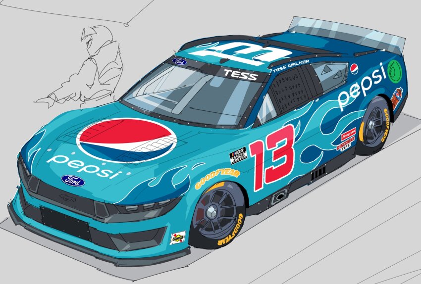 blue_car car commentary flame_print ford ford_mustang ford_mustang_s650 goodyear grey_background highres motor_vehicle nascar pepsi shadow sponsor symbol-only_commentary vee_(427deer) vehicle_focus