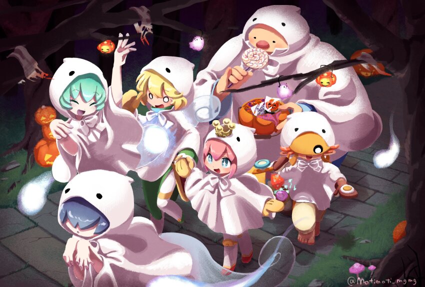 1girl 5boys ^_^ arm_up artist_name bare_tree barefoot basket blonde_hair blue_eyes blue_hair boots brown_mittens brown_pants candy cloak closed_eyes closed_mouth coat commentary costume covered_eyes dark-skinned_male dark_skin fat fat_man floating food ghost_costume ghost_tail gogotte_(puyopuyo) grass green_boots green_coat green_hair hair_over_eyes halloween halloween_bucket halloween_costume hands_up hat highres holding holding_basket holding_candy holding_food holding_hands holding_lollipop holding_mushroom hood hood_up hooded_cloak jack-o&#039;-lantern lollipop mittens motimoti_mgmg multiple_boys mushroom o_o ocean_prince open_mouth orange_eyes otomo_(puyopuyo) pants parted_lips pink_boots pink_hair pumpkin puyopuyo puyopuyo_fever_2 red_nose rei_(puyopuyo) salde_canarl_shellbrick_iii short_hair silk smile sparkling_eyes spider_web spirit standing stone_walkway surprised swirl_lollipop tartar_(puyopuyo) thigh_boots toes tree twitter_username walking white_cloak yellow_hat yellow_mittens yu_(puyopuyo)