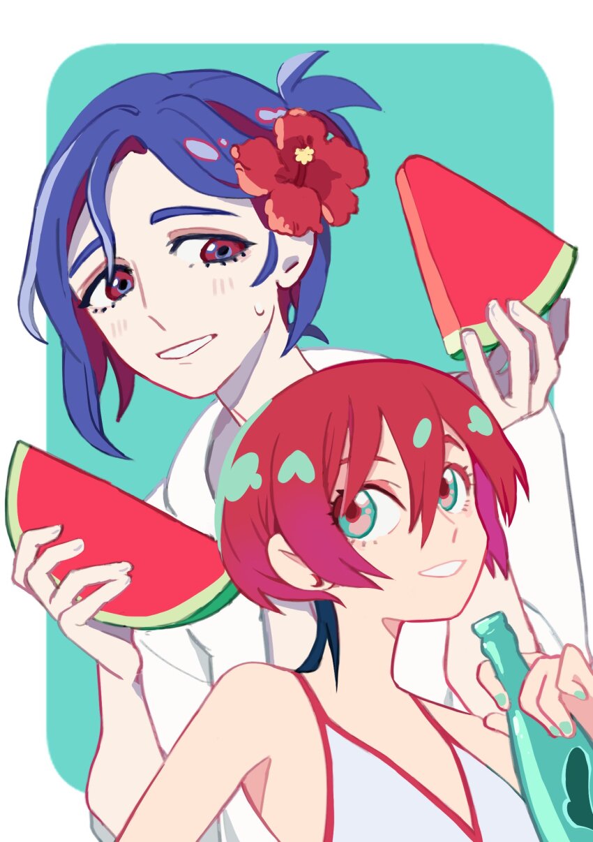 1boy 1girl amate_yuzuriha aqua_background aqua_eyes blue_hair blue_nails blush bottle colored_inner_hair flower food fruit gundam gundam_gquuuuuux hair_flower hair_ornament highres holding holding_bottle holding_food holding_fruit holding_watermelon hood hoodie multicolored_hair nail_polish open_mouth ponytail purple_hair red_eyes red_hair rhelia short_hair shuji_ito simple_background smile summer sweatdrop two-tone_hair upper_body watermelon watermelon_slice