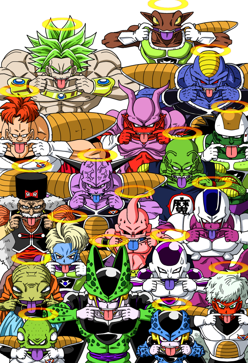 1990s_(style) 6+boys alien android armor babidi black_hair broly_(dragon_ball_z) brothers burter cape captain_ginyu cell_(dragon_ball) cell_junior cooler&#039;s_armored_squadron cooler_(dragon_ball) demon doore dr._gero_(dragon_ball) dr_gero dragon_ball dragonball_z fangs frieza ginyu_force guldo hat highres horns janemba jeice legendary_super_saiyan long_hair looking_at_viewer majin_buu male_focus multiple_boys muscular neiz perfect_cell piccolo_daimaou recoome retro_artstyle salza shinomiya_akino siblings slit_pupils smile standing super_saiyan team tongue tongue_out upper_body