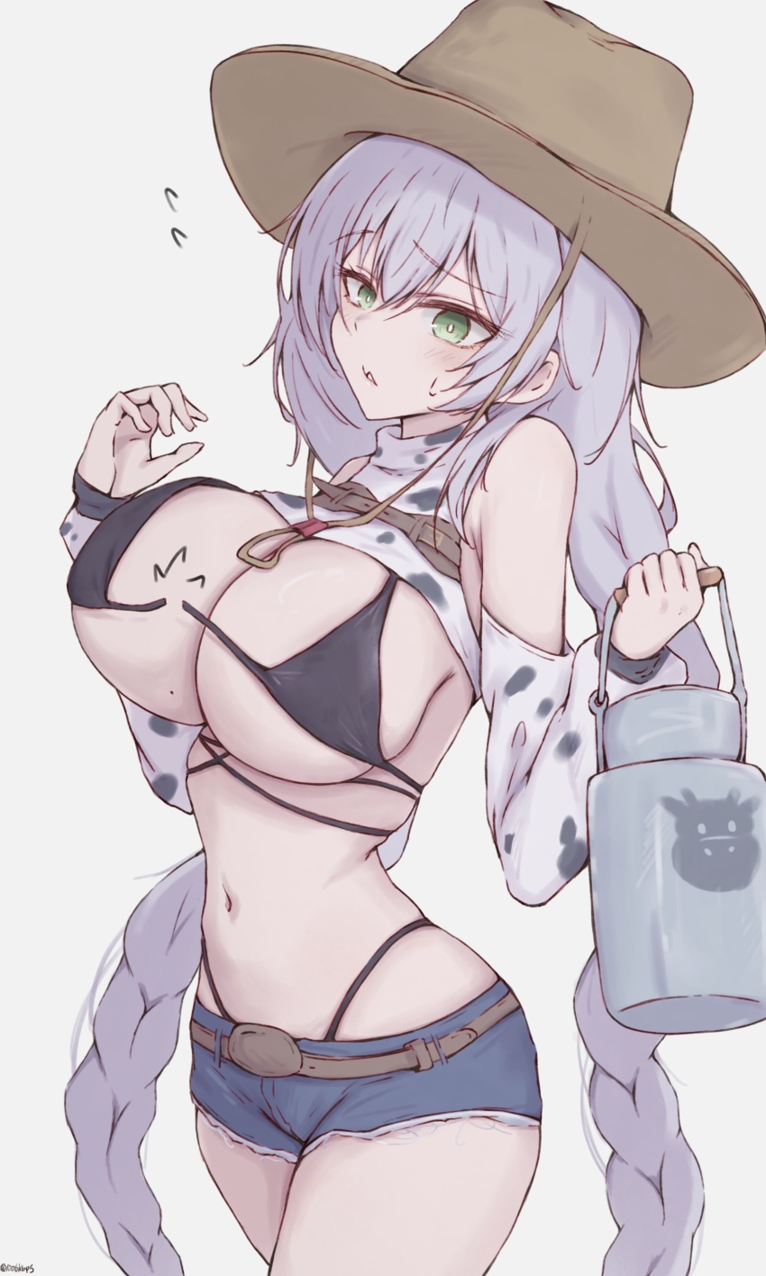 1006kbps 1girl absurdres animal_print armpit_crease artist_name azur_lane bare_shoulders bikini bikini_top_only black_bikini black_panties bottle braid breasts cow_print cowboy_hat denim denim_shorts fargo_(azur_lane) fargo_(dairy_in_the_dreary_sun)_(azur_lane) flying_sweatdrops green_eyes hat highleg highleg_panties highres huge_breasts long_hair looking_at_viewer low_twin_braids milk_bottle mole mole_on_breast navel official_alternate_costume panties panties_under_shorts parted_lips short_shorts shorts simple_background solo stomach sweatdrop swimsuit twin_braids underwear very_long_hair wardrobe_malfunction white_background white_hair