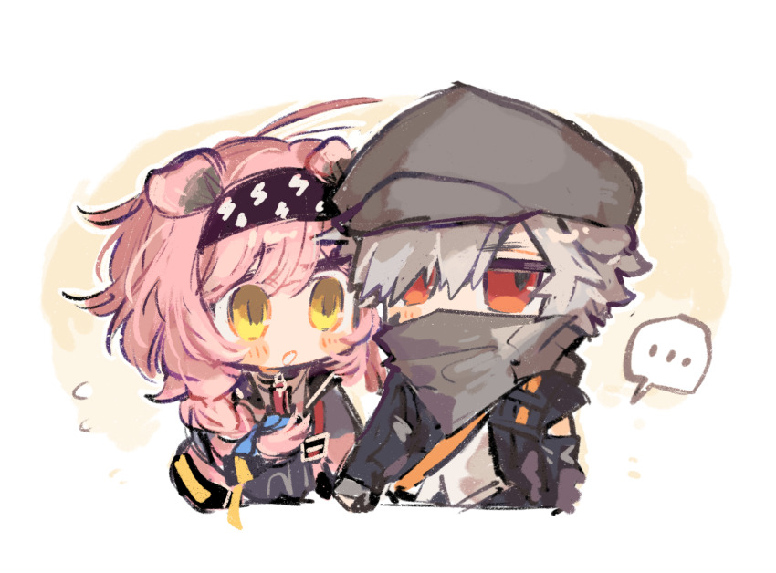 ... 1boy 1girl animal_ears arknights bandana black_hairband black_jacket blue_bow bow braid brown_headwear newsboy_cap cat_ears chibi covered_mouth cropped_torso flying_sweatdrops goldenglow_(arknights) grey_hair hair_bow hair_over_one_eye hairband hat highres jacket lightning_bolt_print long_hair open_clothes open_jacket pink_hair pink_jacket print_hairband red_(npc)_(arknights) red_eyes single_braid spoken_ellipsis upper_body xinjinjumin6937269 yellow_eyes