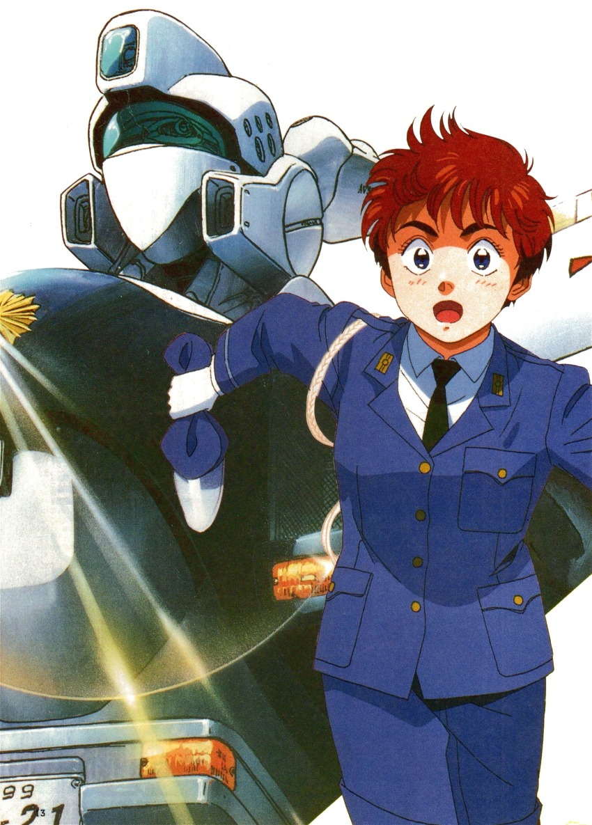 1990s_(style) 1girl alphonse_(av-98_ingram) animedia artist_collaboration av-98_ingram blue_eyes commentary english_commentary gloves hat highres holding holding_unworn_clothes holding_unworn_hat izubuchi_yutaka izumi_noa japan_national_police japanese_police_uniform_type_51 kidou_keisatsu_patlabor lens_flare machinery magazine_scan mecha necktie official_art open_mouth police police_uniform policewoman promotional_art red_hair retro_artstyle robot running scan short_hair skirt traditional_media unworn_hat unworn_headwear white_gloves yuuki_masami