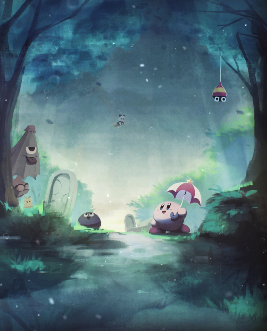 absurdres broom broom_riding character_request forest gooey_(kirby) highres keke_(kirby) kirby kirby_(series) looking_away nature nintendo one-eyed open_mouth outdoors rain scenery smile suyasuyabi tongue tongue_out tree